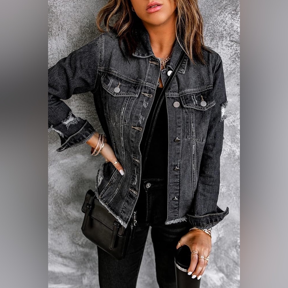Classic Black Jean Denim Jacket Basic Long Sleeve… - image 1